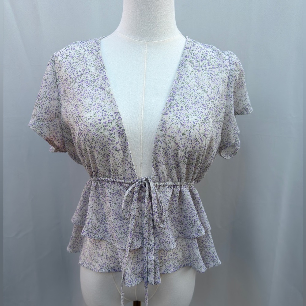Mistyrose Lavender Floral Tiered Ruffle Peplum Top TieFront Cottagecore Blouse L